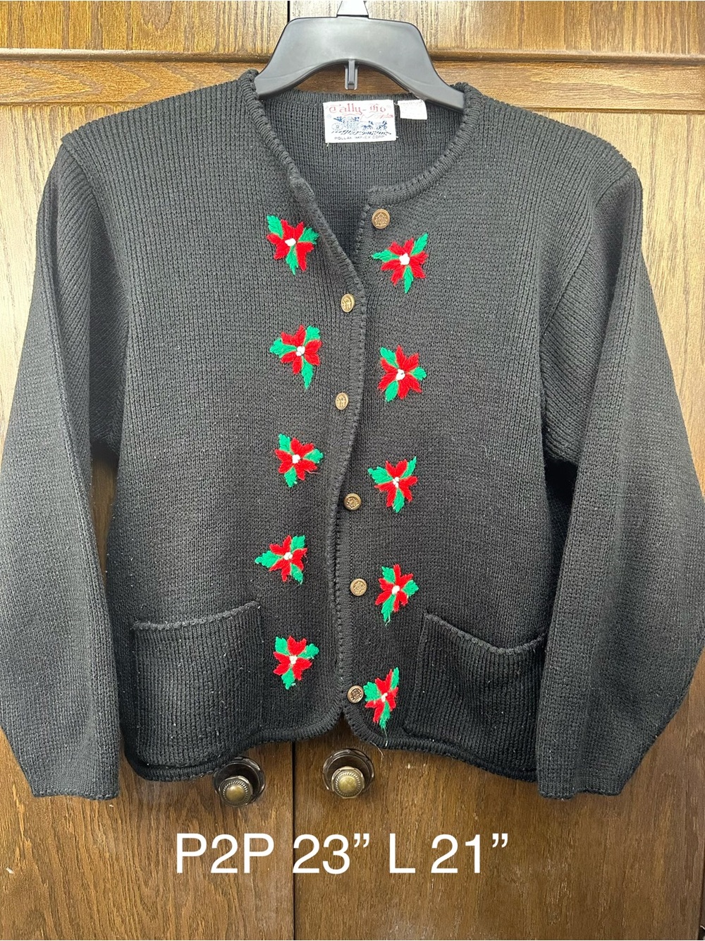 Tally Ho Black Cardigan with Red & Green Embroidered Poinsettias